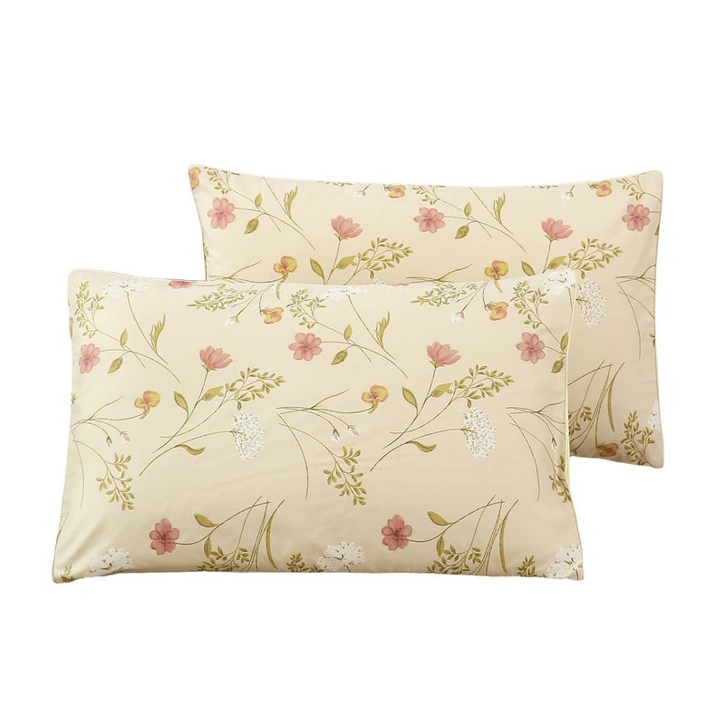 WINLIFE 100 Cotton Pillowcases Set of 2 Garden Flowers Printed Pillow Cases Soft and Breathable Pillow Cover Queen 20x30 Beige Floral