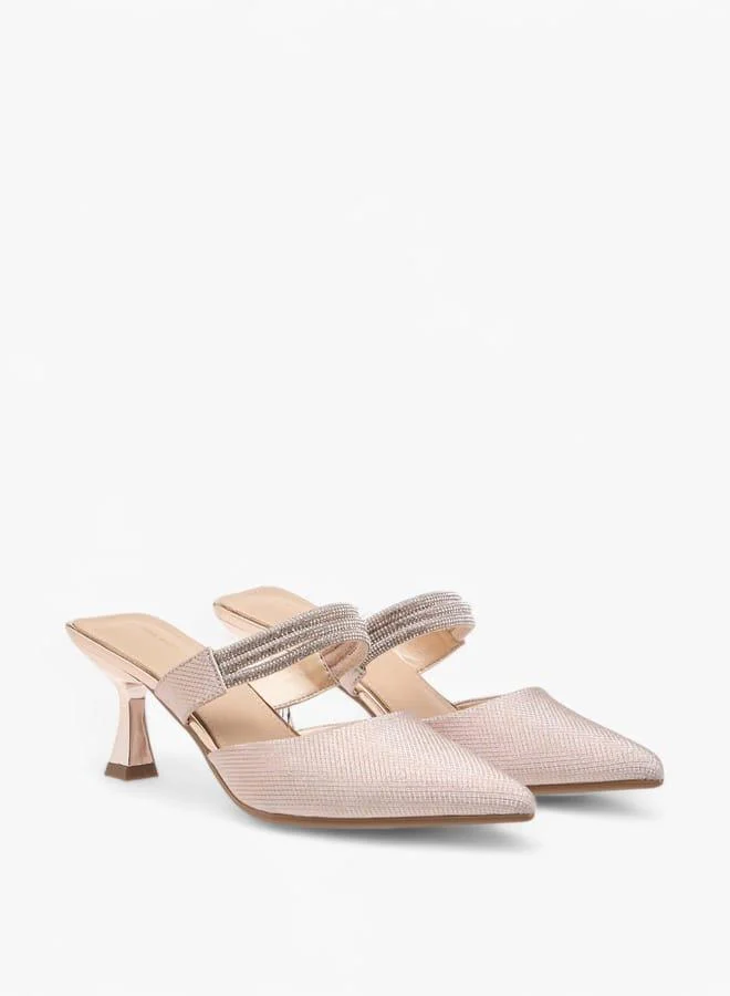 Flora Bella By Shoexpress Womens Embellished Pointed Toe Mules With Flared Heels