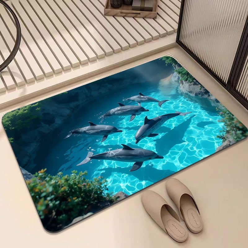Soft Ocean Theme Non Slip Bath Mat 15.75x23.6 Inch Dolphin Turquoise Sea Design Polyester Rubber Backing For Bathroom Kitchen Laundry Room Hand Wash Only Machine Made Flannel Surface - Image 3