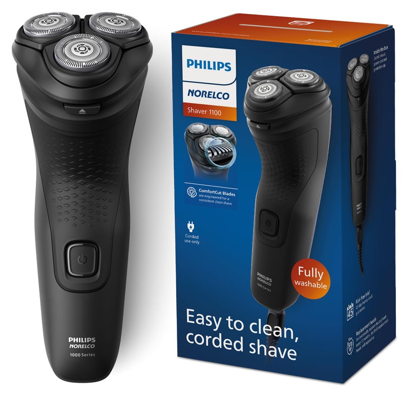 Norelco Philips Norelco Shaver 1100 Series, Dry Electric Shaver, 27 Self-Sharpening ComfortCut Blades, 4D Floating Heads, P-Cap, Deep Black, Model S1016/90 - Image 1