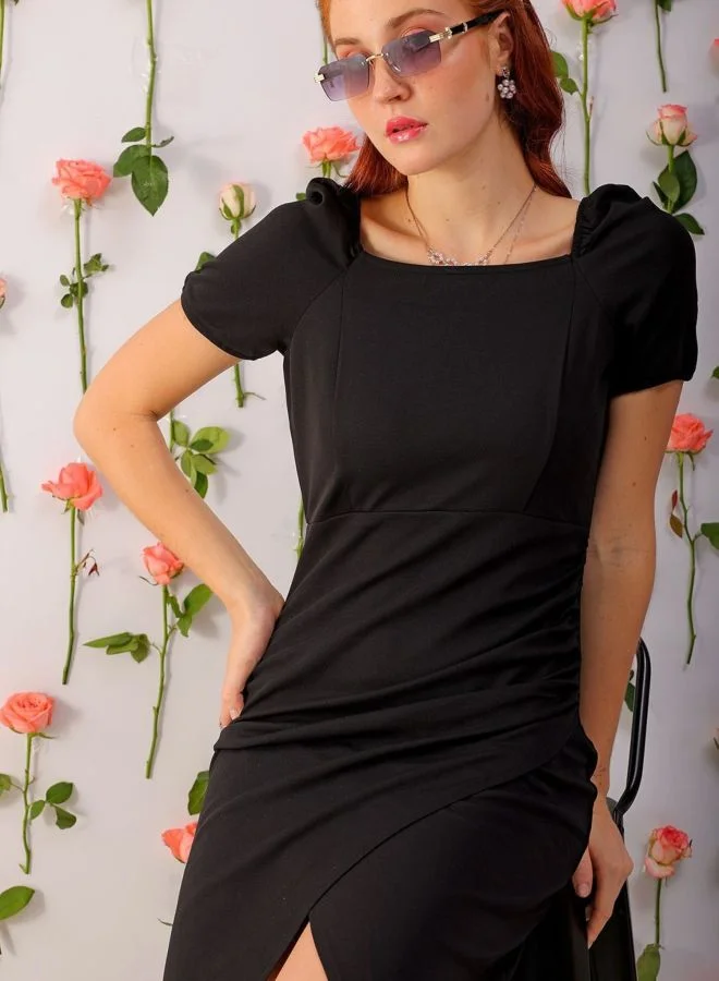 Freehand  Women Regular Fit Solid Square Neck Short Sleeve Wrap Dress for Women | Best Price UAE