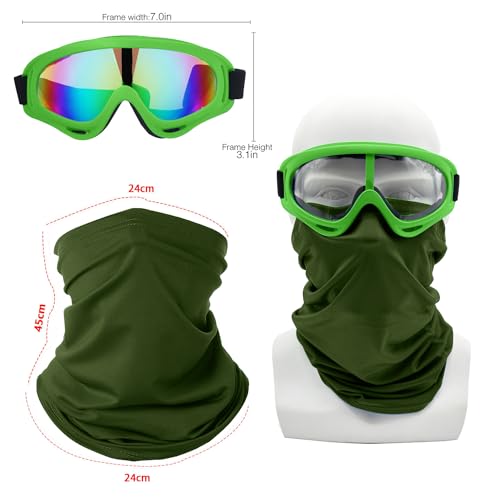 LJDJ Motorcycle Goggles,2 Pack Dirt Bike ATV Motocross Riding Hiking Protective with 2 Pack Neck Breathable Bandana Mask (Green/Clear+Colorful Lenses) - Image 2