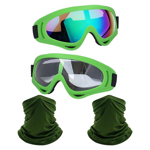 LJDJ Motorcycle Goggles,2 Pack Dirt Bike ATV Motocross Riding Hiking Protective with 2 Pack Neck Breathable Bandana Mask (Green/Clear+Colorful Lenses) - Image 1