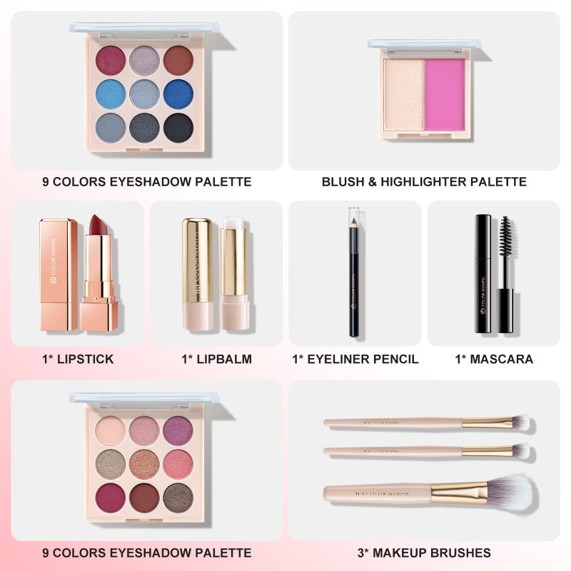 Color Nymph Beginner Makeup Set, Full Starter Cosmetics Set for Teenager Girls with Eyeshadow Palette Blush Lipstick Lip Pencil Eye Pencil Brush Mascara Portable Bag - Image 2