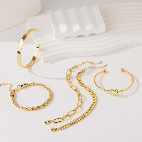 Gokeey Gold Cuff Bracelets for Women, 14K Gold Plated Bangle Bracelet Set for Women, Forever Love Knot Infinity Bangle Paperclip Beaded Twist Bracelets for Women - Image 5