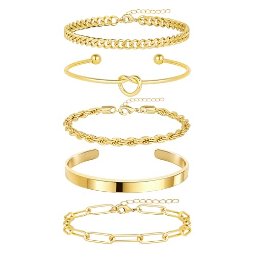 Gokeey Gold Cuff Bracelets for Women, 14K Gold Plated Bangle Bracelet Set for Women, Forever Love Knot Infinity Bangle Paperclip Beaded Twist Bracelets for Women - Image 1