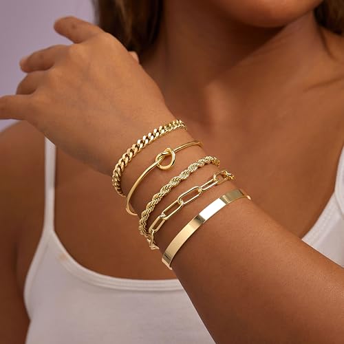 Gokeey Gold Cuff Bracelets for Women, 14K Gold Plated Bangle Bracelet Set for Women, Forever Love Knot Infinity Bangle Paperclip Beaded Twist Bracelets for Women - Image 2