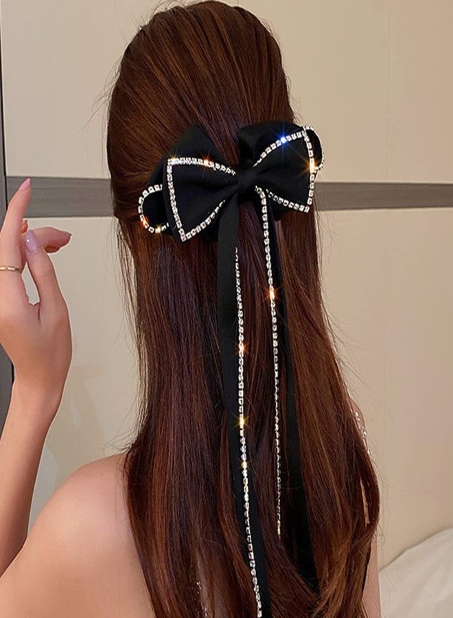 Chargances Black Crystal Hair Bow Knot Clips Velvet Tassle Barrette for Women and Girls Hair Accessories for Birthday Daily Wear and Holiday Gift - Image 1