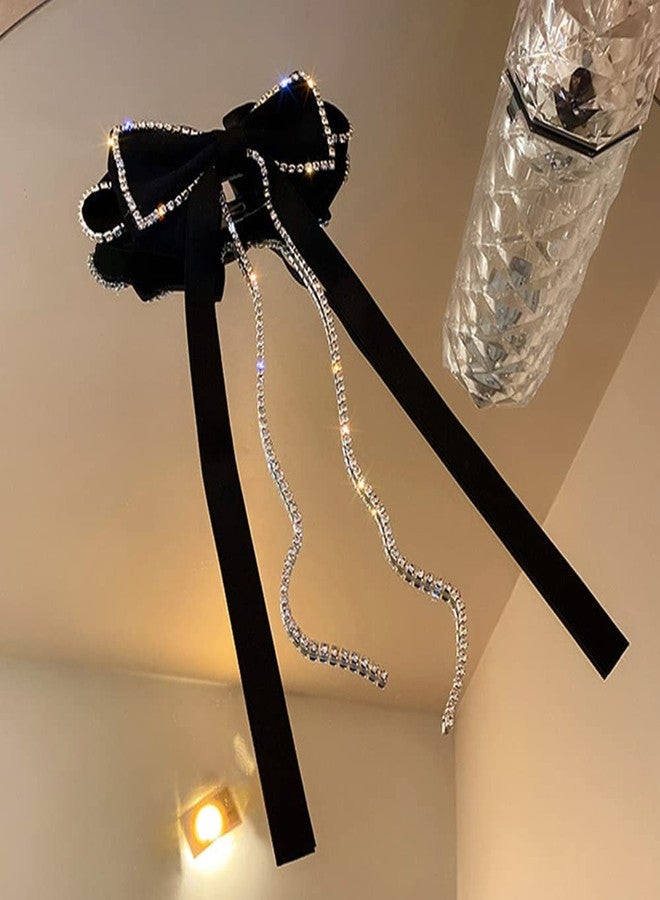 Chargances Black Crystal Hair Bow Knot Clips Velvet Tassle Barrette for Women and Girls Hair Accessories for Birthday Daily Wear and Holiday Gift - Image 4