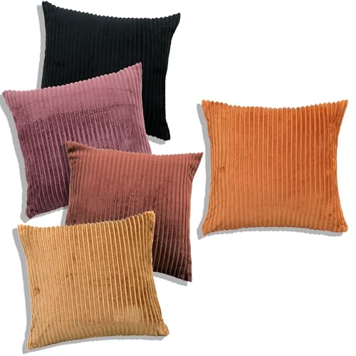RD TREND® Cushion Cover Set of 5, Decorative Sofa Living Room Home Square Cushion Covers 16 Inch x 16 Inch, Aesthetic Corduroy Striped Double Sided (Multicolor-3,Pack of 5) - Image 3