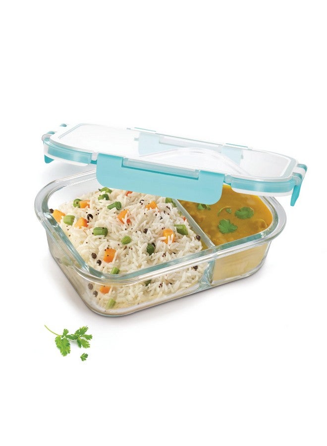 TREO تريو من ميلتون حاوية مقسمة مستطيلة كليب فريش، آمنة للاستخدام في الميكروويف، صندوق غداء من زجاج البوروسيليكات العالي للاستخدام في المكتب - علبة تيفين محكمة الإغلاق، 100% مقاومة للتسرب، 600 مل، قطعة واحدة - Image 1
