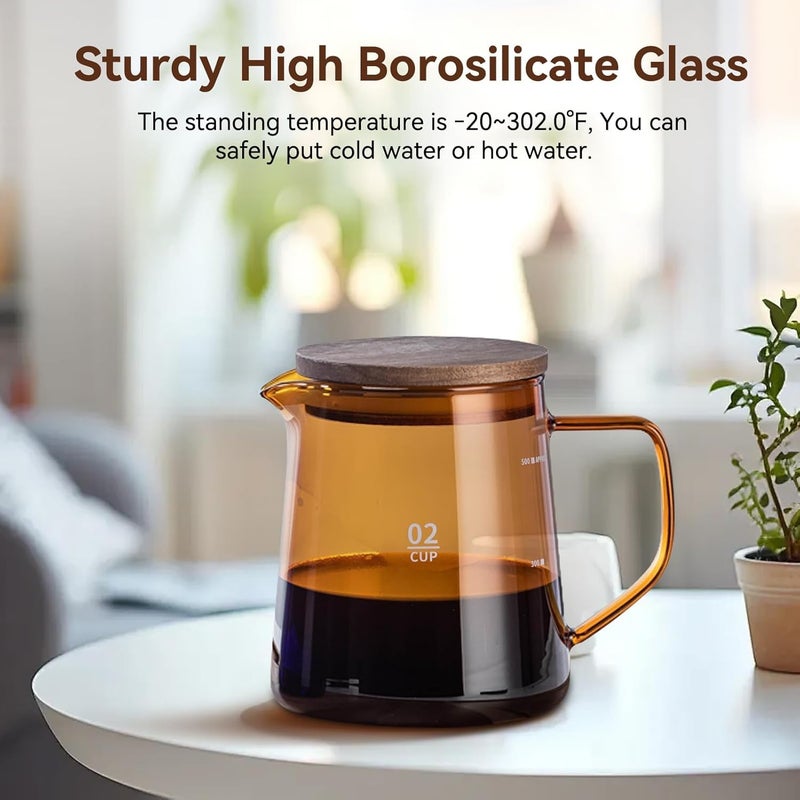 Glass Coffee Server, 500ml Coffee Carafe with Wooden Lid Pourover Decanter Clear Coffee Maker Glass Coffee Pot Teapot Clear Teakettle (Brown) - Image 4
