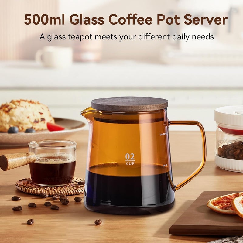 Glass Coffee Server, 500ml Coffee Carafe with Wooden Lid Pourover Decanter Clear Coffee Maker Glass Coffee Pot Teapot Clear Teakettle (Brown) - Image 2