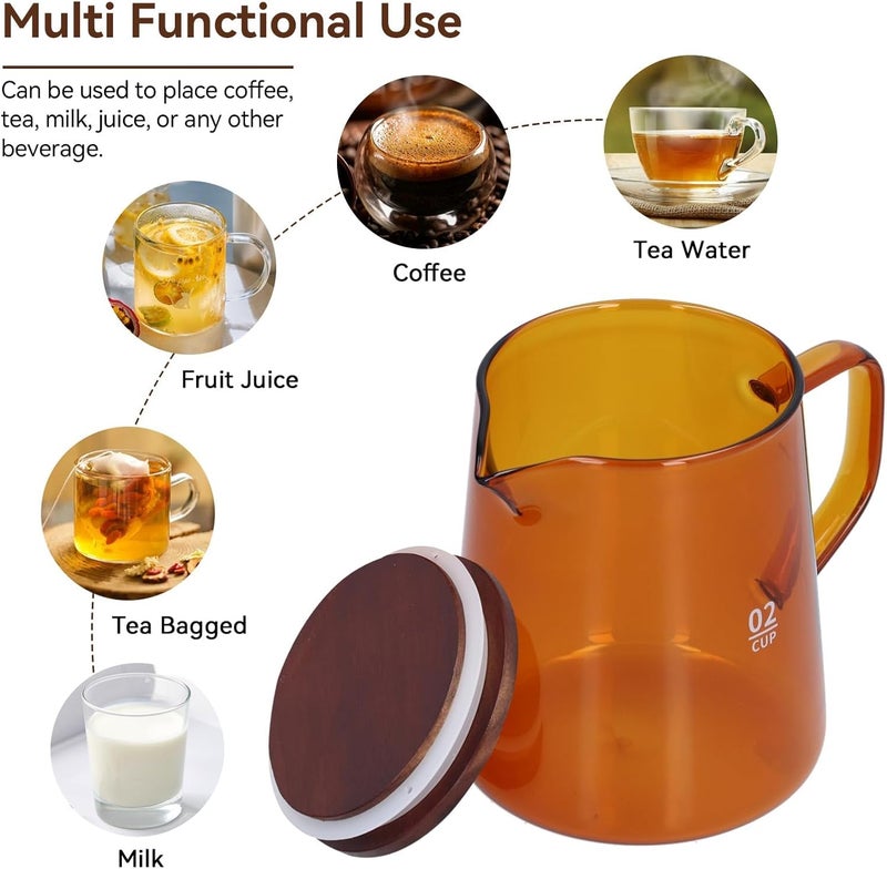Glass Coffee Server, 500ml Coffee Carafe with Wooden Lid Pourover Decanter Clear Coffee Maker Glass Coffee Pot Teapot Clear Teakettle (Brown) - Image 5