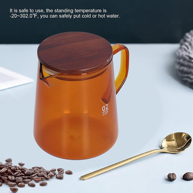 Glass Coffee Server, 500ml Coffee Carafe with Wooden Lid Pourover Decanter Clear Coffee Maker Glass Coffee Pot Teapot Clear Teakettle (Brown) - Image 3