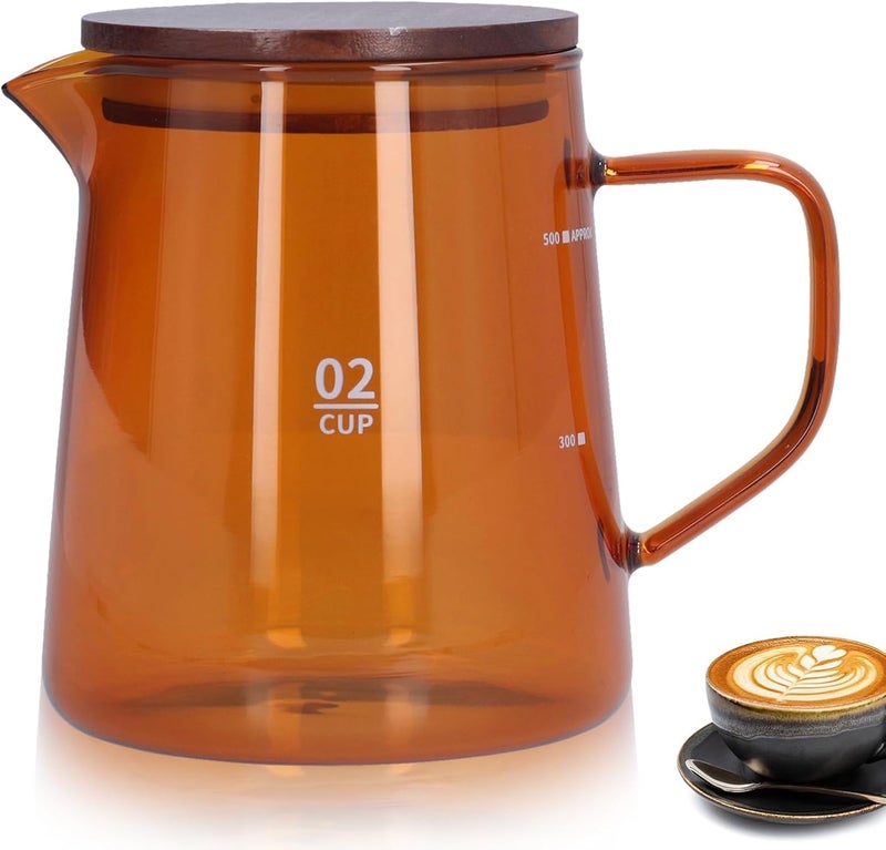 Glass Coffee Server, 500ml Coffee Carafe with Wooden Lid Pourover Decanter Clear Coffee Maker Glass Coffee Pot Teapot Clear Teakettle (Brown) - Image 1