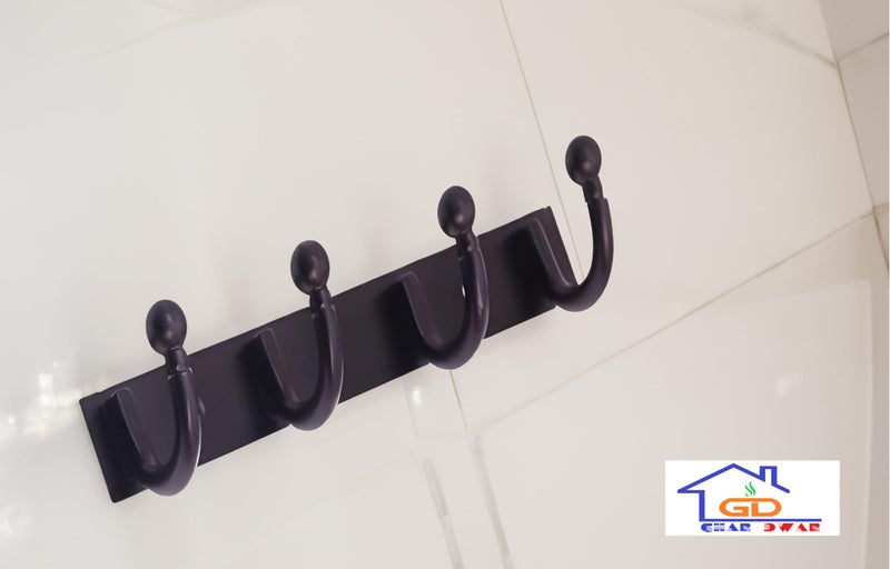 GHAR DWAR Heavy Duty Goli Stainless Steel Cloth Hanger Suitable for Bathroom Bedroom Kitchen Wall Hook Rail Hanging Scarf, Coat,Keys Tie Clothes Towel Door Robe Hanging (Pack of 1, Black 4 Hook) - Image 2