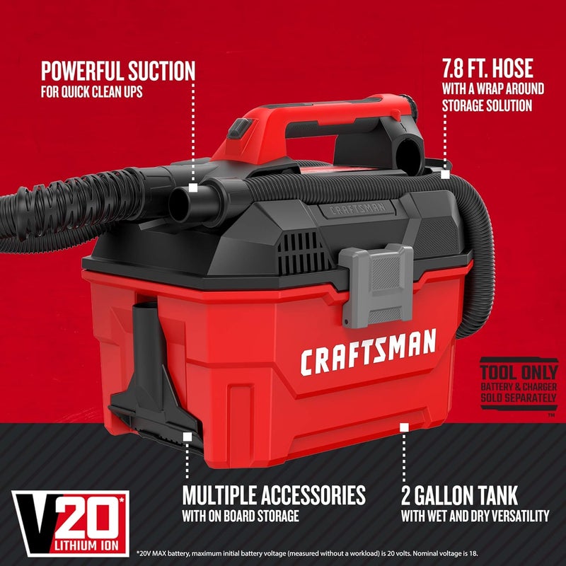 CRAFTSMAN مكنسة كهربائية لاسلكية CRAFTSMAN V20، مكنسة متجر، رطبة وجافة، سعة 2 جالون، خرطوم بطول 7 أقدام، أداة عارية فقط CMCV002B - Image 2