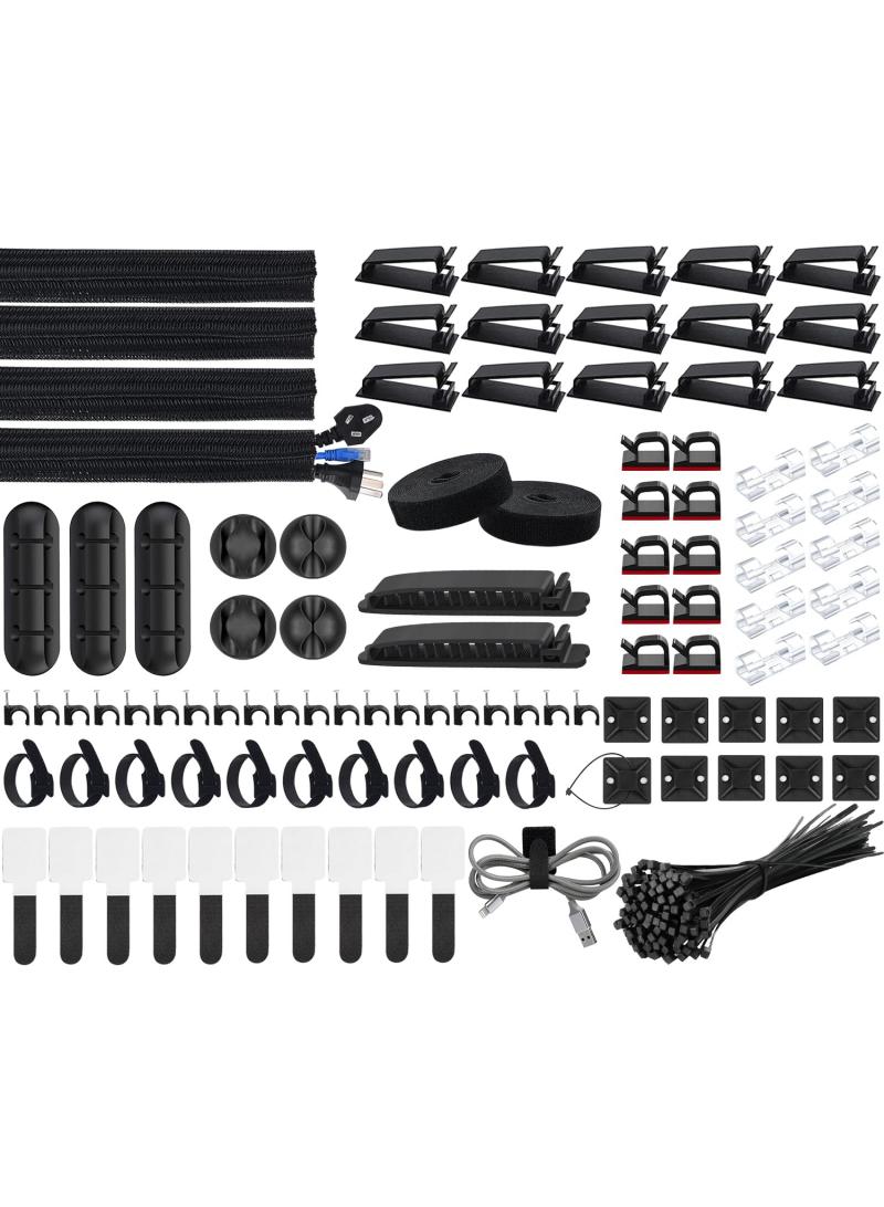 Bluejw 200 Pcs Cable Management Kit Incloud 4 Cable Sleeves 37 Cable Clips 7 Cable Holders 10 Zip Tie Mounts 20 Cable Clip Nails 100 Cable Fastening Ties 20+2 Roll Cable Straps For TV Pc Computer - Image 1