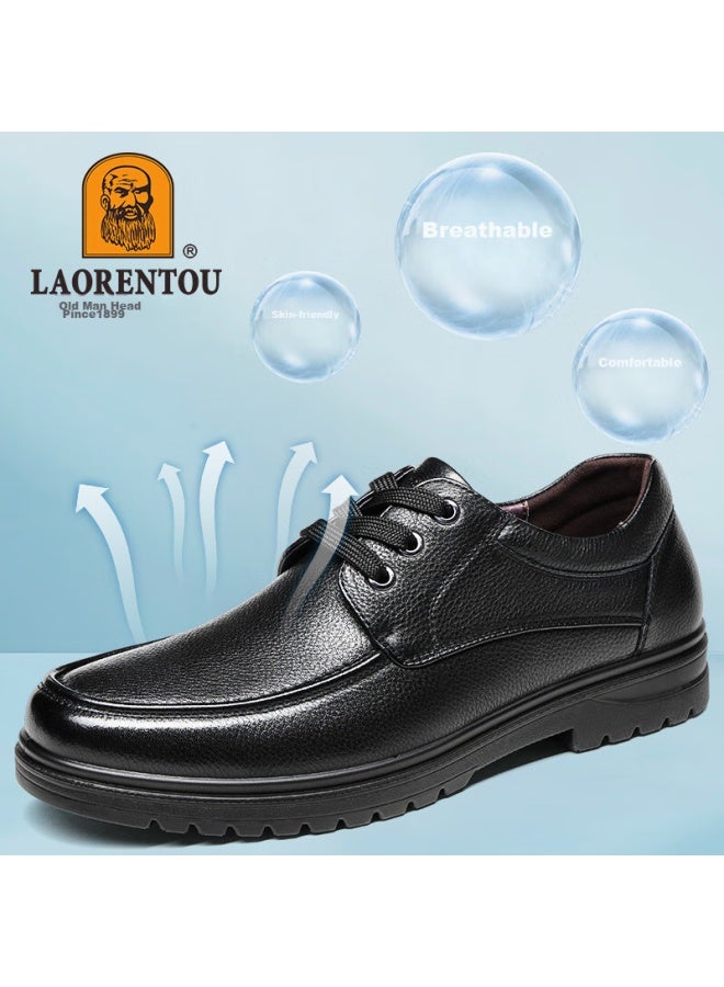 Laorentou Leather Shoes For Men, Top-grain Cowhide, Business Casual Shoes, Lace-up, Wear-resistant, Non-slip, Dad Shoes, Loafers, 510200819, Black, Size 42 - Image 1
