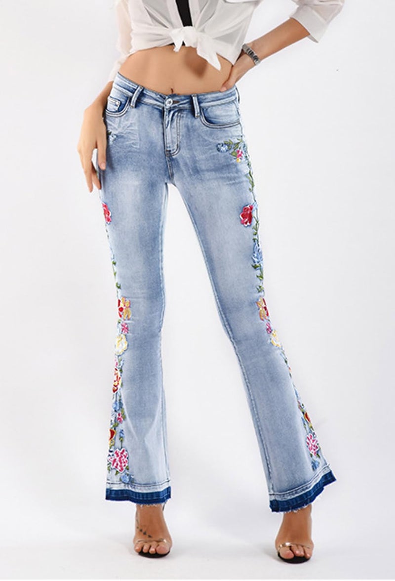 CHARTOU Womens Chic Floral Embroidered High-Rise Bell Bottom Flare Jeans Broad Feet Long Denim Pants (Blue4, Small) - Image 3