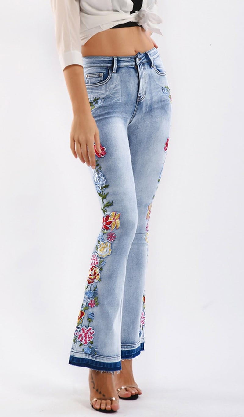 CHARTOU Womens Chic Floral Embroidered High-Rise Bell Bottom Flare Jeans Broad Feet Long Denim Pants (Blue4, Small) - Image 1