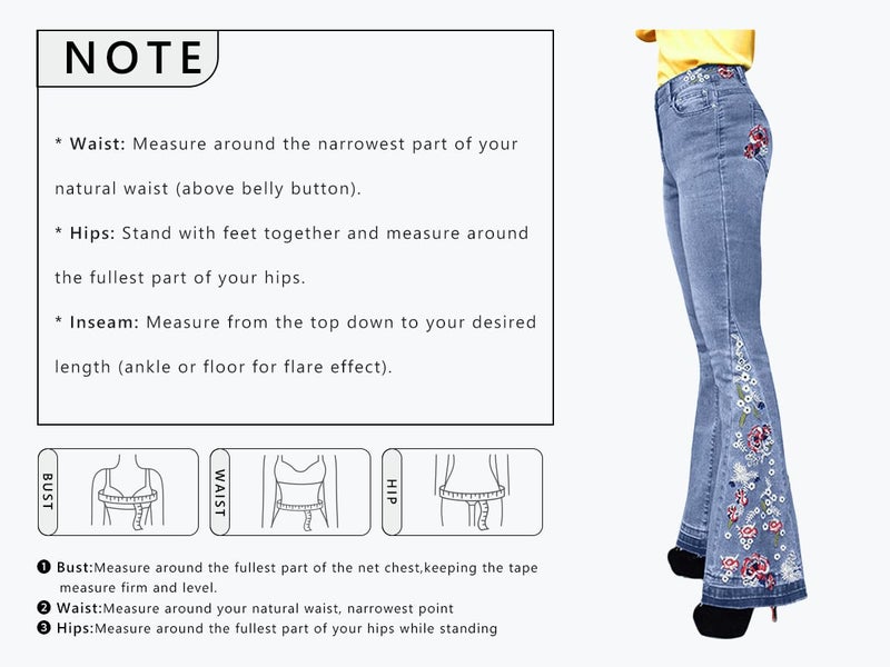 CHARTOU Womens Chic Floral Embroidered High-Rise Bell Bottom Flare Jeans Broad Feet Long Denim Pants (Blue4, Small) - Image 5