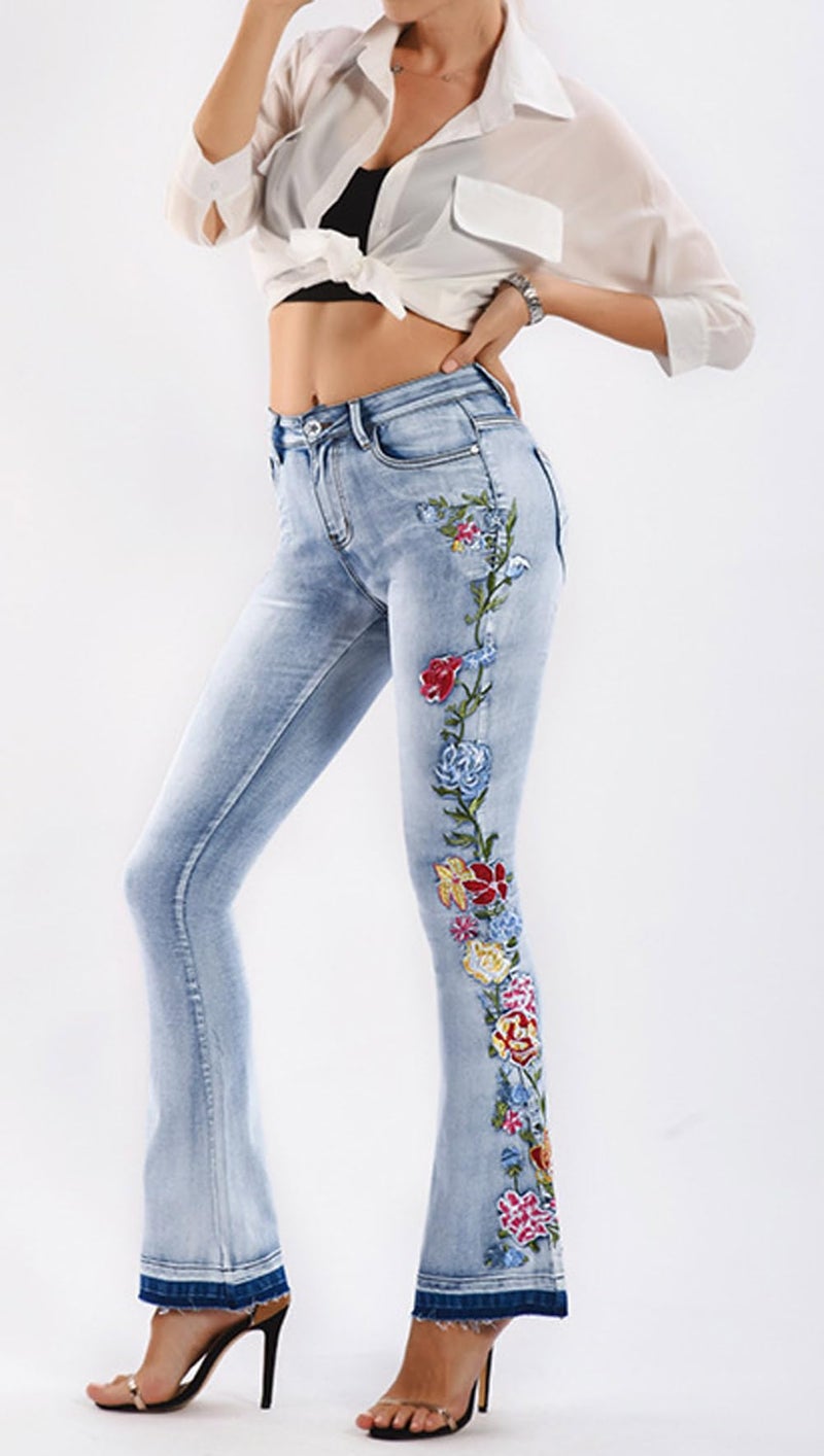 CHARTOU Womens Chic Floral Embroidered High-Rise Bell Bottom Flare Jeans Broad Feet Long Denim Pants (Blue4, Small) - Image 2