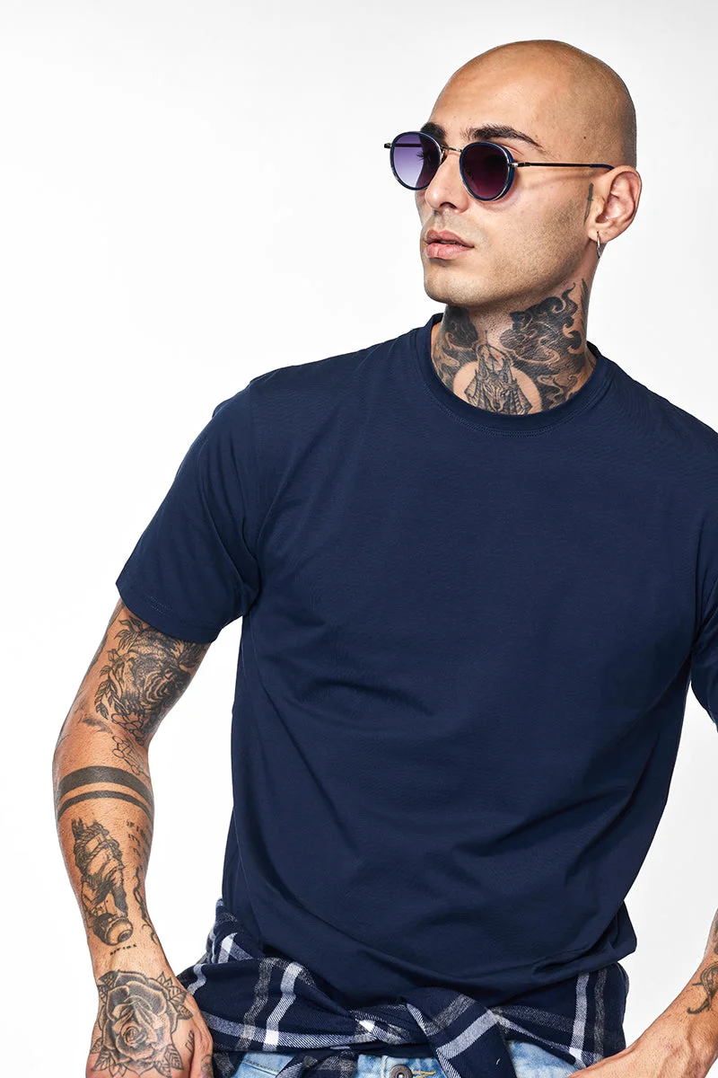 SNITCH Navy Slim Fit Stretch Core Lab Navy T-Shirt for Men | Best Price UAE