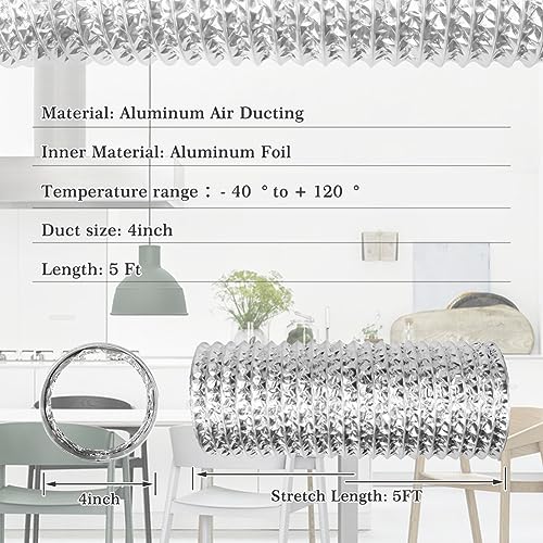 Omont Dryer Vent Hose 4 Inch 5FT Flexible Dryer Ducting Tube Air Duct Aluminum Insulated Flex Hose Kit Indoor Outdoor - Image 2