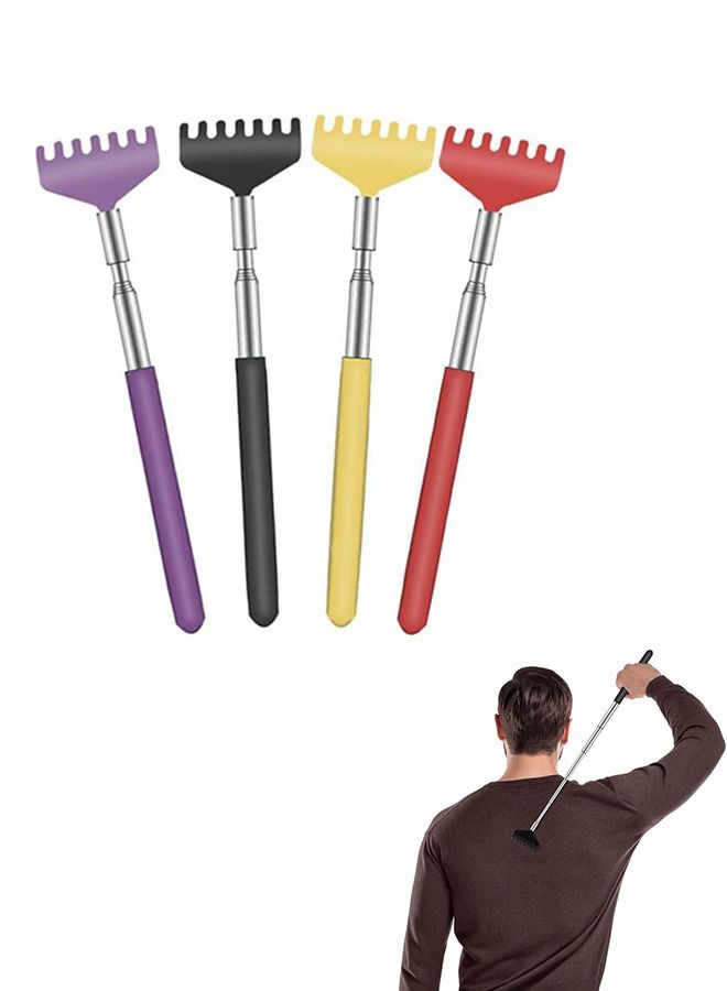 4 قطع من أدوات خدش الظهر المعدنية القابلة للتمديد والمحمولة، قضيب تلسكوبي أنيق من الفولاذ المقاوم للصدأ مضاد للسقوط، أداة تدليك للجسم، أدوات خدش الظهر بمقبض بلاستيكي (أحمر+أصفر+أرجواني+أسود) - Image 1