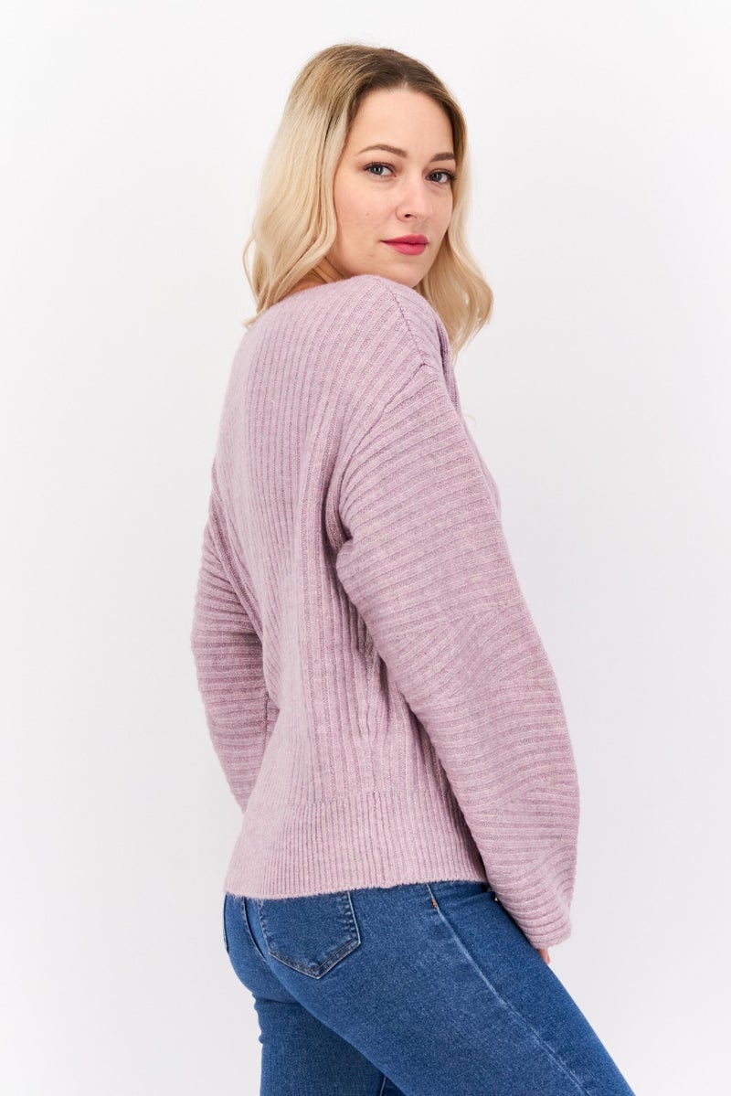 DEX Women Round Neck Long Sleeves Knitted Sweater, Purple - Image 2