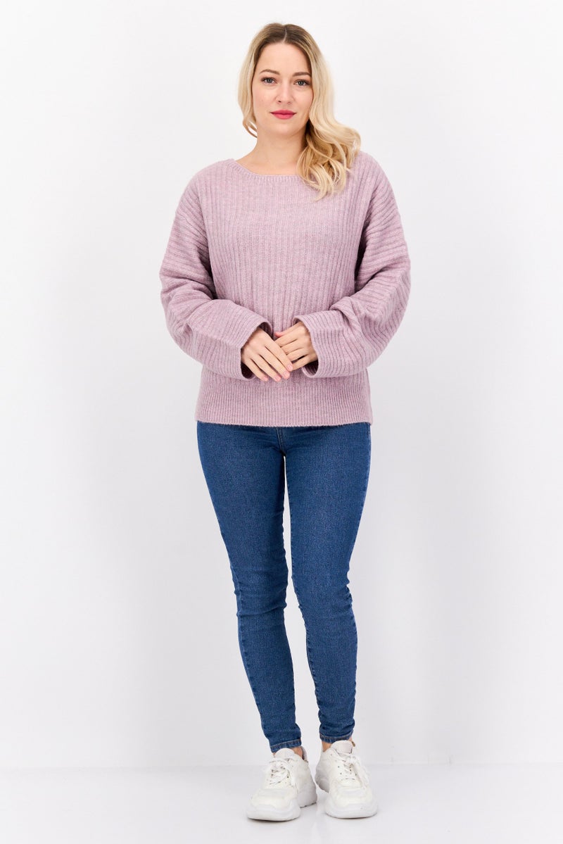 DEX Women Round Neck Long Sleeves Knitted Sweater, Purple - Image 4