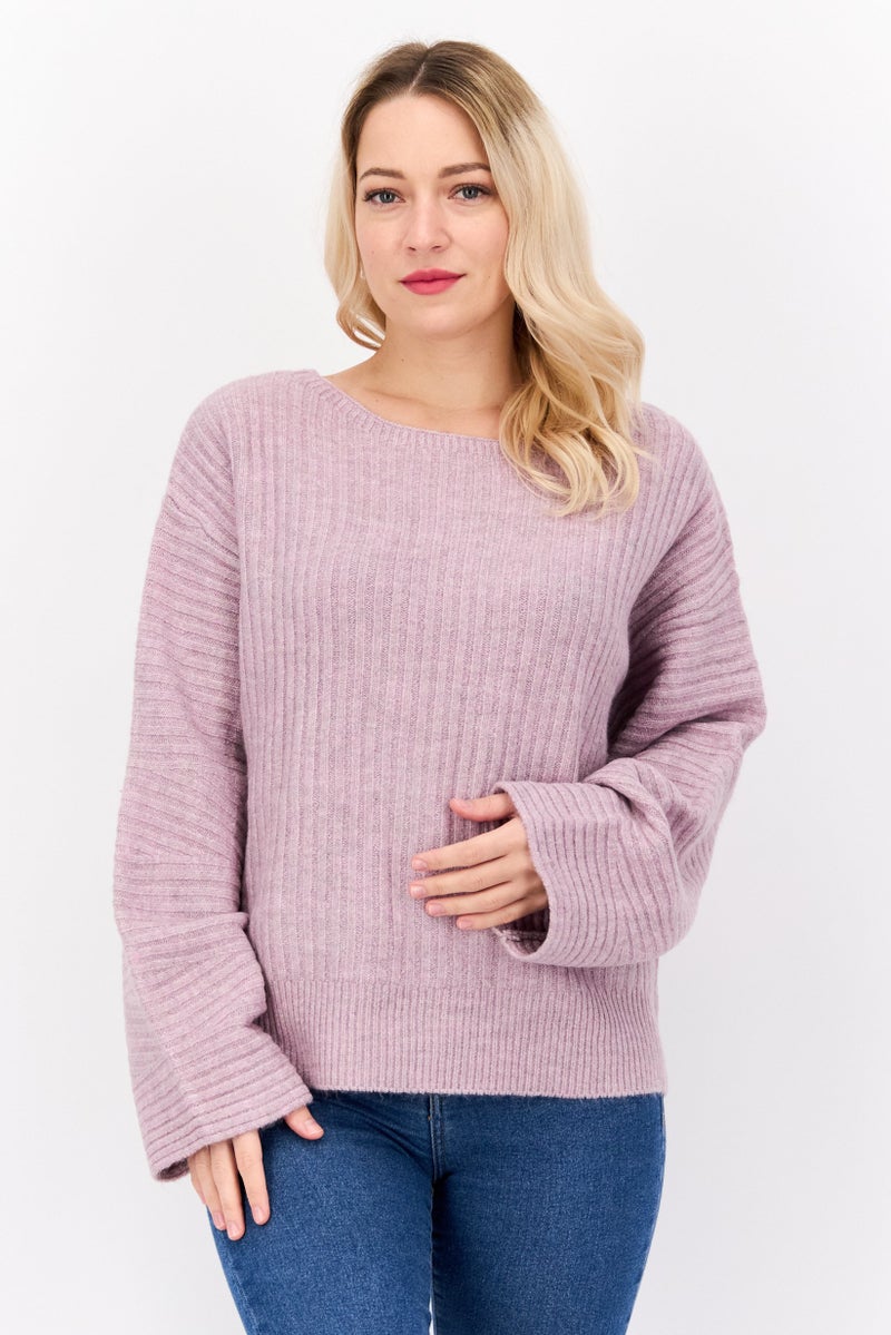 DEX Women Round Neck Long Sleeves Knitted Sweater, Purple - Image 1