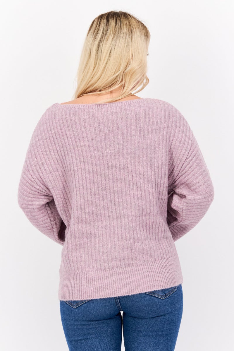 DEX Women Round Neck Long Sleeves Knitted Sweater, Purple - Image 3