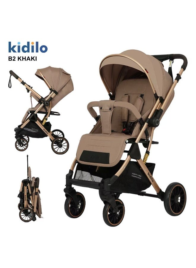 Kidilo B2 Baby Stroller with Large Rear Wheels, Compact Fold, Sun Canopy, Safety Harness, Shock Absorbing Design, Front Swivel Wheels, Spacious Storage Basket, Comfortable Seat for Daily Travel