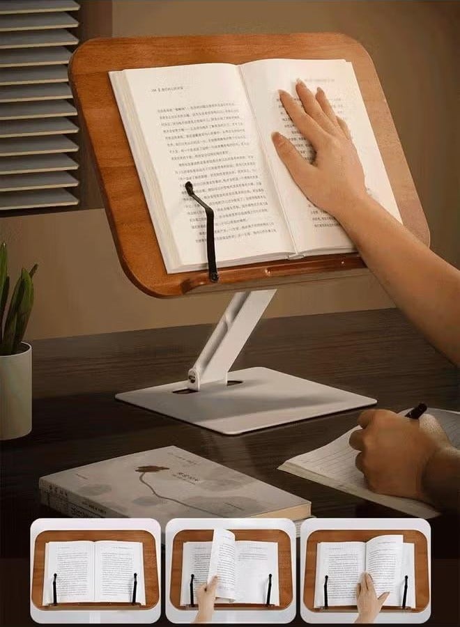 XiuWoo Hands Free Book Stand, Desktop Book Stands Wooden Book Holders with 2 Spring Clips, Adjustable Height and Angle Foldable Desk Table Bookstand for Tablet Recipes Textbook Cookbook MusicBook - Image 4
