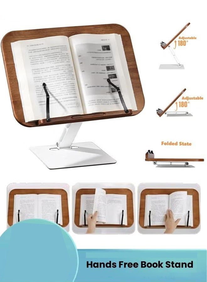 XiuWoo Hands Free Book Stand, Desktop Book Stands Wooden Book Holders with 2 Spring Clips, Adjustable Height and Angle Foldable Desk Table Bookstand for Tablet Recipes Textbook Cookbook MusicBook - Image 1