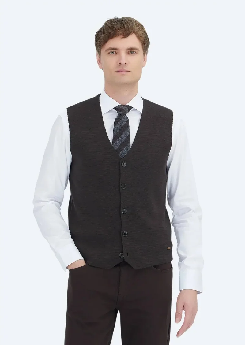 رامسي صدرية كنزة كاجوال محبوكة بياقة على شكل حرف  بلون بني ومقاس عادي