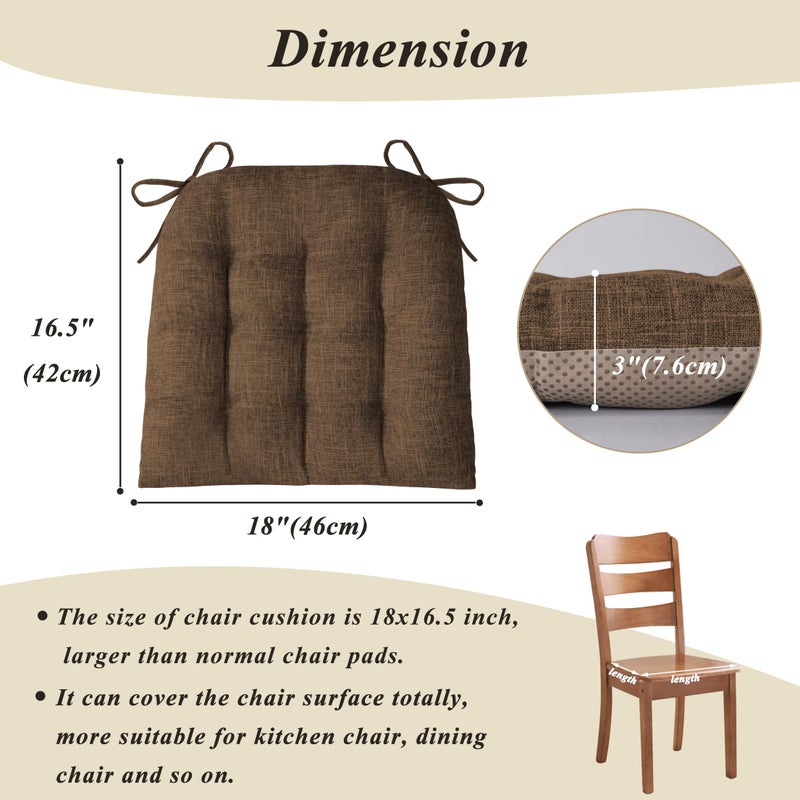 FlyGulls Chair Cushions for Dining Chairs Set of 4 Durable D-Shaped Seat Cushions with Non-Slip Backing Secure Ties Thick Cozy Seat Pad for Kitchen Dining Room Office(18x16.5x3in Coffee) - Image 2