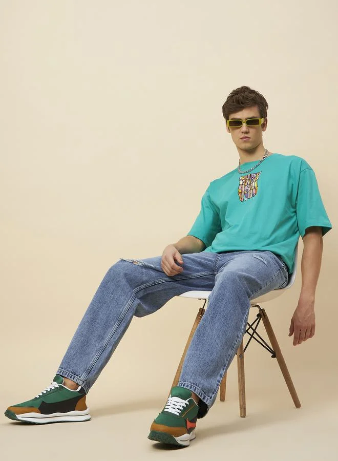HIGH STAR HIGH STAR Mid Wash Light Distress Straight Fit Jeans