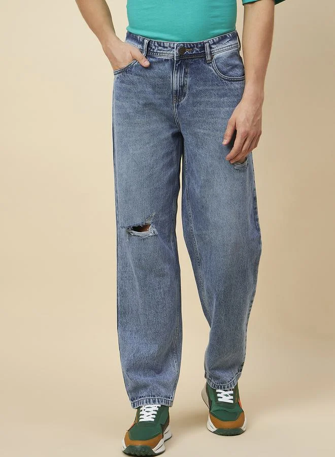 HIGH STAR HIGH STAR Mid Wash Light Distress Straight Fit Jeans