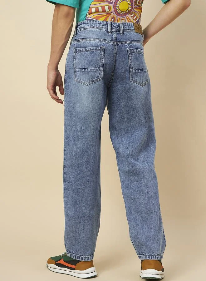 HIGH STAR HIGH STAR Mid Wash Light Distress Straight Fit Jeans