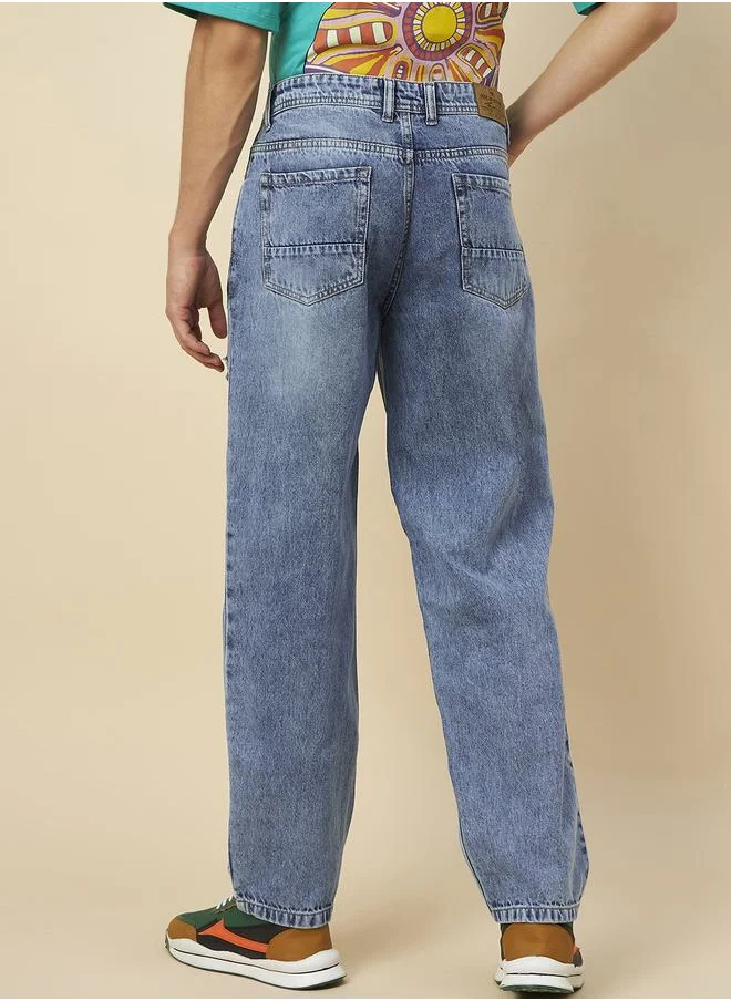 HIGH STAR Mid Wash Light Distress Straight Fit Jeans