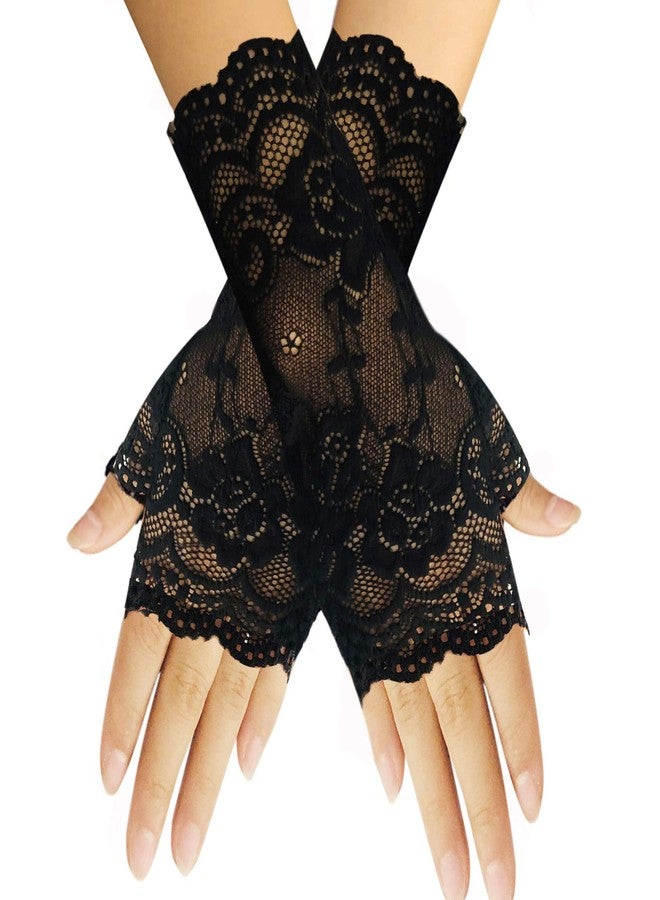 monochef Women Short Lace Gloves Sunblock Fingerless Bridal Wrist Floral Opera Evening Party Wedding Tea Prom Cosplay 1920s for Ladies and Girls, Black (Black) - Image 1