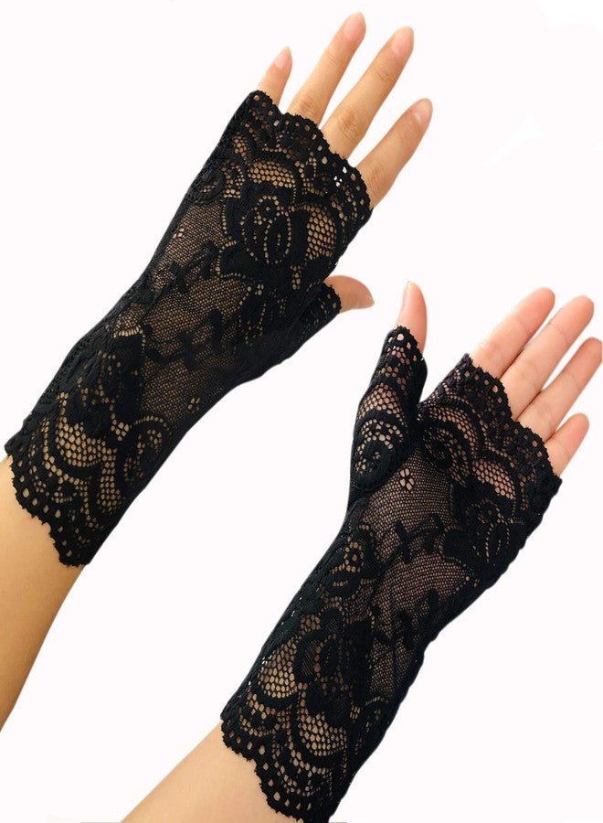 monochef Women Short Lace Gloves Sunblock Fingerless Bridal Wrist Floral Opera Evening Party Wedding Tea Prom Cosplay 1920s for Ladies and Girls, Black (Black) - Image 4