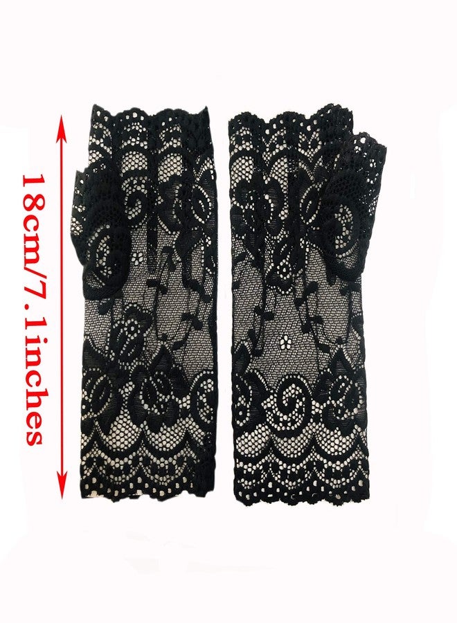 monochef Women Short Lace Gloves Sunblock Fingerless Bridal Wrist Floral Opera Evening Party Wedding Tea Prom Cosplay 1920s for Ladies and Girls, Black (Black) - Image 2