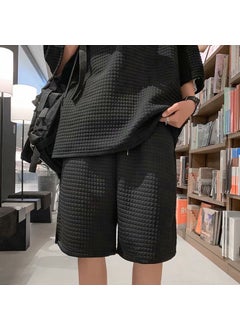 Waffle Sports Suit for Boys with a Set of Handsome Short-Sleeved T-Shirts Trendy Brand Ins Summer Heavyweight Black shorts