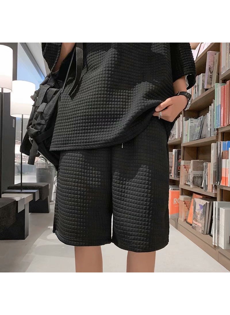 Generic - Waffle Sports Suit for Boys with a Set of Handsome Short-Sleeved T-Shirts Trendy Brand Ins Summer Heavyweight Black shorts - Image 1