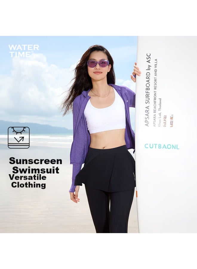 Watertime/shuichuan Women's Swimsuit, Sun Protection, Hooded, Two-piece, Long-sleeve, For Surfing, Hot Springs, And Jellyfish Suit, Skirt Style, Size M - Image 1